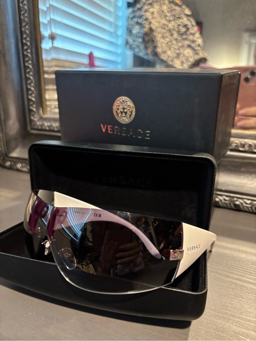 Versace White and Pink Shield Sunglasses with Gradient Lens